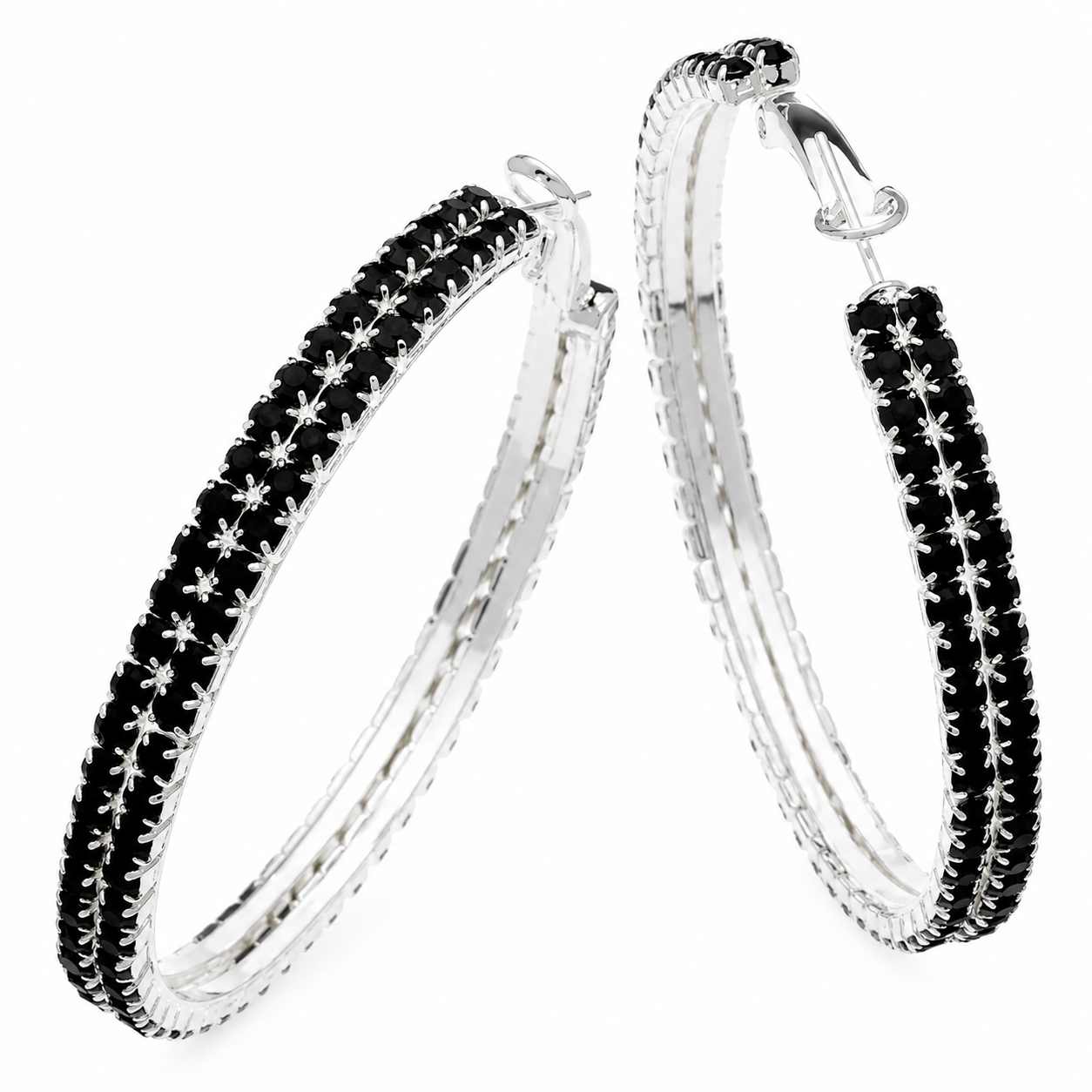 Jet Black Austrian Crystal Double Row Hoop Earrings