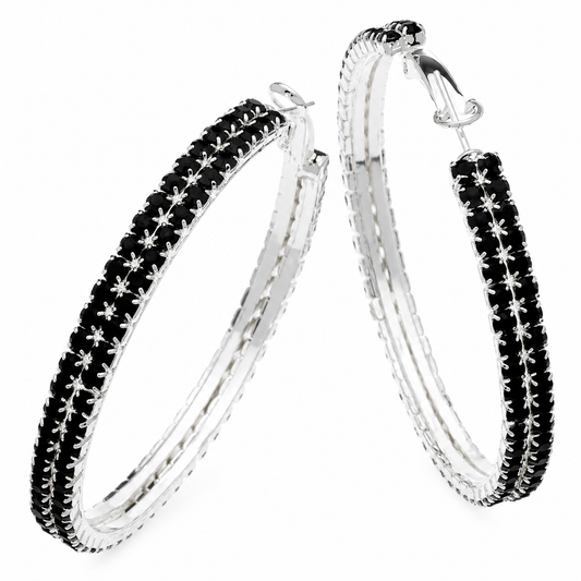 Jet Black Austrian Crystal Double Row Hoop Earrings